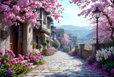 Primary subject: A narrow alleyway lined with pink flowers and trees.

Setting/background: The alleyway is located in a small village, surrounded by houses and mountains in the distance.

Visual style: The image is a digital art illustration.

Colors and mood: The alleyway is filled with a vibrant pink color, creating a warm and inviting atmosphere.