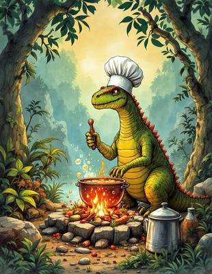 The primary subject of the image is a cartoon dinosaur, specifically a green alligator, wearing a chef's hat and holding a spoon. The dinosaur is standing next to a pot, which is filled with food. The setting is a forest, with trees visible in the background. The visual style is a cartoon illustration, giving the image a playful and whimsical atmosphere. The colors are predominantly green, with the alligator being the main focus of the scene.