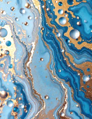 The primary subject of the image is a blue and gold swirling pattern, which appears to be a painting or a digital artwork. The setting is a blue background, and the visual style is a combination of photo and digital art. The dominant colors are blue and gold, creating a vibrant and lively atmosphere.