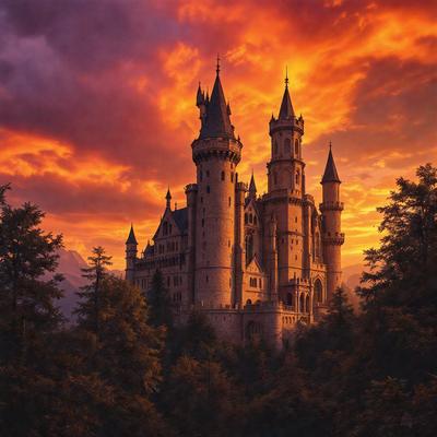 Primary subject: A large, old castle with a tall tower and a moat.

Setting/background: The castle is situated in a forest, surrounded by trees and mountains.

Visual style: The image is a painting, featuring a detailed and vibrant depiction of the castle.

Colors and mood: The painting is in shades of orange, red, and yellow, creating a warm and inviting atmosphere.