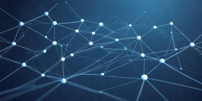 The primary subject of the image is a complex network of white lines and dots, which create a visually intriguing and interconnected pattern. The setting is a blue background, which provides a striking contrast to the white lines and dots. The visual style of the image is a combination of digital art and illustration, as it appears to be a well-crafted and detailed design. The colors and mood of the image are predominantly white and blue, giving it a clean, modern, and sophisticated appearance.