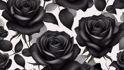 The primary subject of the image is a close-up of a black rose. The setting is a white background, which provides a clean and minimalist appearance. The visual style is a digital art or illustration, as the rose is depicted in a detailed and realistic manner. The dominant colors are black and white, creating a bold and striking contrast. The overall atmosphere is elegant and sophisticated, with the black rose being the focal point of the image.