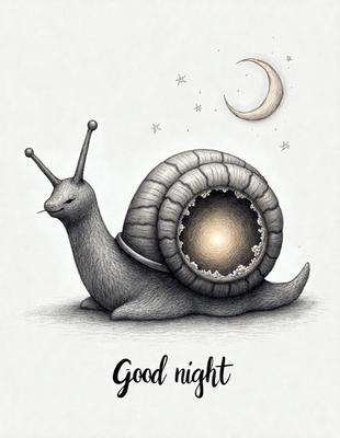 The primary subject of the image is a cartoon-like drawing of a snail. The snail is depicted with a big smile on its face, and it is surrounded by a nighttime scene. The setting includes a moon in the background, adding to the overall atmosphere. The visual style of the image is a combination of digital art and illustration, creating a whimsical and playful scene. The colors used in the image are predominantly shades of blue and gray, which contribute to the nighttime ambiance.