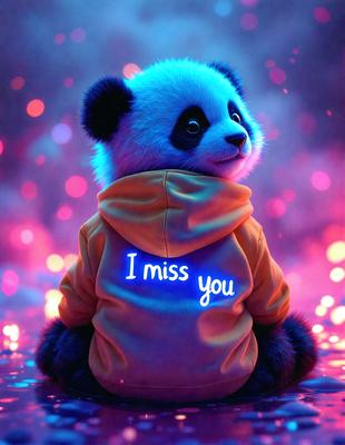 The primary subject of the image is a panda bear wearing a yellow hoodie. The setting is a dark, blue-toned environment, possibly a night scene. The visual style is a digital art or illustration, with the panda bear being the main focus. The colors and mood of the image are predominantly dark and moody, with the panda bear standing out against the blue background.