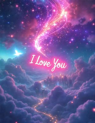 The primary subject of the image is a heart-shaped sign that reads "I Love You." The setting is a colorful, cloudy sky, with a cityscape visible in the background. The visual style is a combination of digital art and illustration, creating a whimsical and romantic atmosphere. The dominant colors are pink and purple, which evoke feelings of love and warmth.