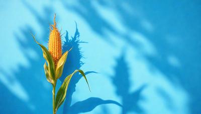 The primary subject of the image is a single, tall, yellow corn plant with a large ear of corn. The plant is standing in front of a blue wall, which serves as the setting or background. The visual style of the image is a photo, capturing the natural beauty of the corn plant. The dominant colors in the image are yellow and blue, creating a warm and vibrant atmosphere.