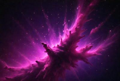 The primary subject of the image is a purple, pink, and white nebula, which is the main object, scene, or focus of the image. The setting or background features a dark, star-filled sky, creating a contrasting and dramatic backdrop. The visual style of the image is a combination of photo and digital art, as it captures the beauty of the nebula in a unique and artistic manner. The dominant colors of the image are purple, pink, and white, which evoke