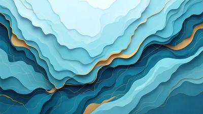 The primary subject of the image is a blue and gold ocean scene. The setting is a blue ocean with a gold and blue wave pattern. The visual style is a digital art or illustration, creating a vibrant and colorful atmosphere. The dominant colors are blue and gold, with the blue ocean and gold wave pattern creating a sense of depth and movement.