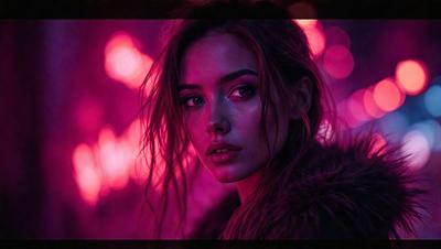 The primary subject of the image is a woman with long hair, who is looking directly at the camera. She is wearing lipstick and appears to be posing for the picture. The setting is a dark room with a pink background, which adds a dramatic and moody atmosphere to the scene. The visual style of the image is a close-up portrait, capturing the woman's facial features and expression. The colors in the image are predominantly pink, which contributes to the overall mood and a