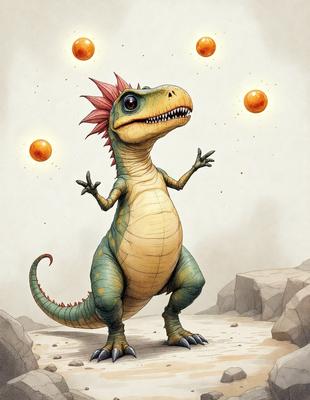 The primary subject of the image is a cartoon dinosaur, specifically a T-Rex, standing on a rocky surface. The dinosaur is holding a ball in its mouth and is surrounded by several other balls. The setting appears to be a rocky terrain, and the visual style is a combination of digital art and illustration. The colors and mood of the image are vibrant and lively, with the dinosaur and balls creating a playful and dynamic scene.