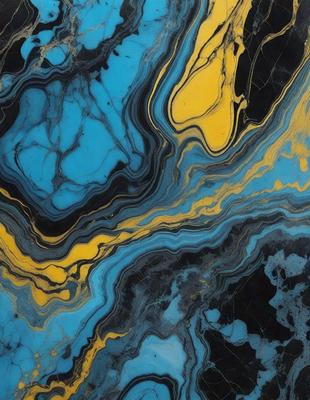 The primary subject of the image is a blue and yellow marbled stone. The setting is a close-up of the stone, showcasing its unique pattern and texture. The visual style is a close-up of the stone, which gives a sense of depth and detail. The colors and mood of the image are vibrant and lively, with the blue and yellow hues creating a sense of energy and movement.