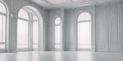 The primary subject of the image is a large, white, ornate building with a row of arched windows. The setting is a spacious room with a white floor, and the visual style is a photo. The colors and mood of the image are predominantly white, giving it a clean and elegant appearance.