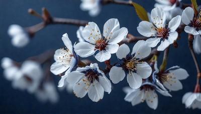 The primary subject of the image is a tree filled with white flowers. The tree is located in a blue sky, creating a serene and peaceful atmosphere. The visual style of the image is a photo, capturing the beauty of the flowers and the sky. The colors and mood of the image are predominantly blue and calm, with the white flowers adding a touch of elegance and purity to the scene.
