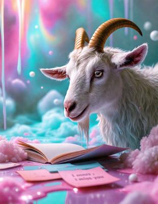 The primary subject of the image is a goat with horns, standing in front of a book. The setting is a colorful, surreal environment with a purple background. The visual style is a combination of photo and digital art, creating a unique and whimsical scene. The colors and mood are vibrant and playful, with the goat and the book being the main focus of the image.