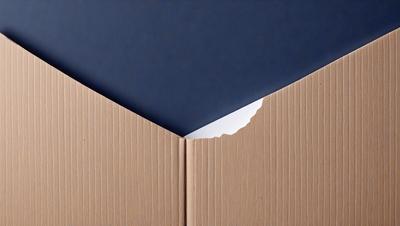 The primary subject of the image is a cardboard box with a white piece of paper or cardboard sticking out of it. The setting is a dark blue background, which contrasts with the white paper. The visual style is a close-up of the cardboard box, showcasing the details of the paper sticking out. The colors and mood of the image are predominantly dark, with the blue background and the white paper providing a sense of contrast and simplicity.