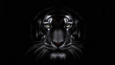 The primary subject of the image is a close-up of a tiger's face. The tiger's eyes are yellow, and its mouth is open. The setting is a dark background, which emphasizes the tiger's features. The visual style is a black and white photo, giving the image a classic and dramatic appearance. The colors and mood of the image are intense and captivating, as the tiger's eyes and mouth are the main focus of the photo.