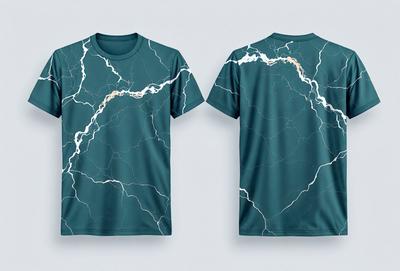 The primary subject of the image is a blue shirt with a lightning bolt design on it. The shirt is displayed in two different positions, one on the left side and the other on the right side of the image. The setting is a white background, which provides a clean and uncluttered look to the shirt. The visual style is a digital art, as the lightning bolt design is created using digital tools. The colors and mood of the image are predominantly blue, which gives the shirt a