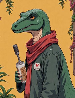 The primary subject of the image is a cartoon dinosaur, specifically a green T-Rex, wearing a red scarf. The setting is a yellow background, which adds a warm and vibrant tone to the scene. The visual style is a combination of digital art and illustration, creating a unique and engaging artwork. The colors and mood of the image are lively and energetic, with the green dinosaur and red scarf standing out as the main focal points.