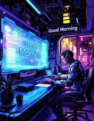 The primary subject of the image is a man sitting at a desk, working on a laptop. The setting is a futuristic workspace, with a purple and blue color scheme. The visual style is a digital art or illustration, creating a vibrant and unique atmosphere. The man appears to be focused on his work, possibly in a futuristic city or space station.