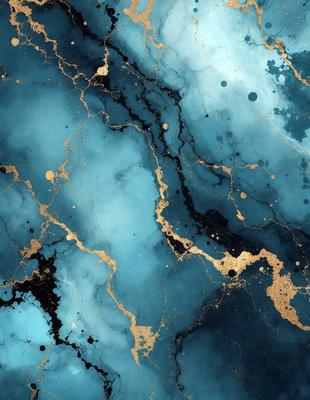 The primary subject of the image is a blue and gold marbled wall. The setting is a room with a blue and gold marbled wall, which serves as the background. The visual style is a painting, with a mix of blue and gold colors creating a rich and luxurious atmosphere.