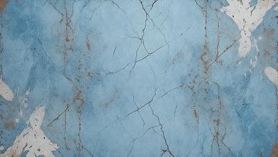 The primary subject of the image is a blue wall with a cracked and chipped appearance. The setting is a room with a blue wall, and the visual style is a close-up of the wall. The dominant colors are blue and brown, and the overall atmosphere is somewhat distressed or aged.