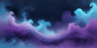 The primary subject of the image is a purple and blue ocean wave. The setting is a dark, cloudy sky, which creates a dramatic and moody atmosphere. The visual style is a digital art or illustration, as the wave is depicted in a detailed and artistic manner. The dominant colors are purple and blue, which evoke a sense of calmness and tranquility.