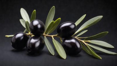 The primary subject of the image is a group of black olives. They are arranged on a branch, with some of them hanging from the branch. The setting is a dark background, which contrasts with the olives, making them stand out. The visual style is a close-up of the olives, showcasing their details. The colors are predominantly black, with the olives being the main focus of the image. The overall atmosphere is simple and straightforward, with the olives being the main subject of the image.