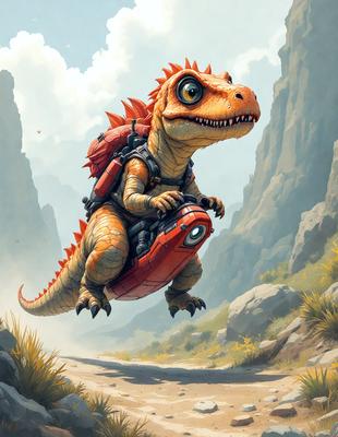 Primary subject: Dinosaur with a backpack
Setting/background: Mountains and a rocky terrain
Visual style: Digital art
Colors and mood: The dinosaur is red, and the overall atmosphere is adventurous and playful.