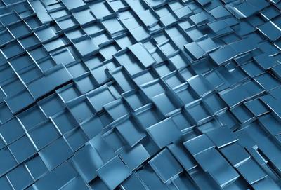 The primary subject of the image is a blue, metallic, and geometric pattern. The setting is a blue background, and the visual style appears to be a combination of photo and digital art. The dominant colors are blue and silver, creating a modern and sleek atmosphere.