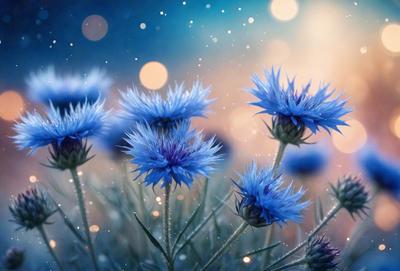 The primary subject of the image is a field of blue flowers, with a total of 11 flowers visible. The setting is a grassy field, and the visual style appears to be a photo. The dominant colors in the image are blue and purple, creating a serene and calming atmosphere.