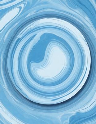 The primary subject of the image is a blue circle with a swirl pattern. The setting is a blue background, and the visual style appears to be a digital art or illustration. The dominant colors are blue and white, creating a calm and soothing atmosphere.