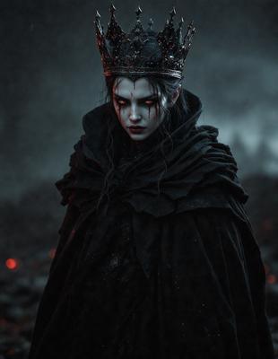 The primary subject of the image is a woman wearing a black crown and a black dress. She appears to be a witch or a character from a horror story. The setting is a dark and ominous environment, with the woman standing in front of a dark background. The visual style is a combination of a photo and digital art, creating a dramatic and eerie atmosphere. The colors are predominantly black, with some red accents, which contribute to the overall mood of the image.