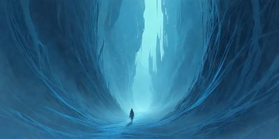 The primary subject of the image is a person walking down a long, narrow, and dark tunnel. The setting is a cave-like environment, with the person being the main focus of the scene. The visual style appears to be a digital art or illustration, as the person is depicted in a detailed and realistic manner. The colors and mood of the image are predominantly dark and moody, with the person being the only source of light in the tunnel.