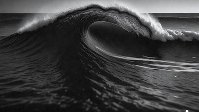 The primary subject of the image is a large wave in the ocean. The wave is crashing down, creating a powerful and dramatic scene. The setting is the ocean, with the wave being the main focus of the image. The visual style is a black and white photo, which adds a sense of timelessness and drama to the scene. The dominant colors are black and white, with the wave being the main source of color and contrast. The overall atmosphere is one of intensity and power, as the wave demonstrates the raw force of nature