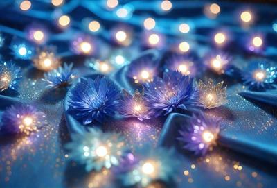 The primary subject of the image is a close-up of a blue and purple flower with a crown of lights surrounding it. The setting is a blue and purple background, which adds to the overall mood of the image. The visual style is a combination of a photo and digital art, creating a unique and eye-catching display. The colors and mood of the image are predominantly blue and purple, giving it a serene and calming atmosphere.