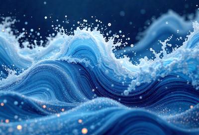 The primary subject of the image is a large body of blue water, with a wave crashing on the surface. The setting is a dark blue ocean, and the visual style appears to be a digital art or illustration. The dominant colors are blue and white, creating a serene and calming atmosphere.