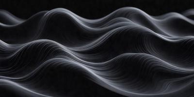 The primary subject of the image is a series of black and white waves, which are the main objects in the scene. The setting is a dark background, creating a dramatic contrast with the waves. The visual style is a combination of a photo and digital art, as the waves are depicted in a patterned manner. The dominant colors are black and white, giving the image a moody and dramatic atmosphere.