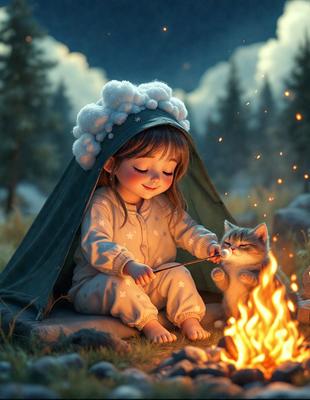 The primary subject of the image is a young girl sitting on the ground, smiling and petting a cat. The setting is a camping scene, with a tent in the background and a fire nearby. The visual style is a digital art illustration, creating a warm and inviting atmosphere. The colors are predominantly warm and natural, with the girl's outfit and the cat's fur being the main focus.