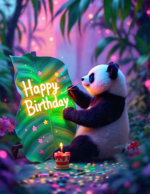 The primary subject of the image is a panda bear, which is sitting in front of a birthday cake. The setting is a forest, with a green background and a pink and yellow starry background. The visual style is a digital art illustration, featuring a cute and colorful panda bear. The colors and mood of the image are bright, cheerful, and celebratory, with the panda bear and the birthday cake being the main focus of the scene.