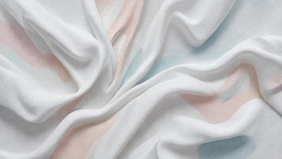 The primary subject of the image is a white sheet of fabric with a pink and blue pattern. The setting is a room with a blue background. The visual style is a close-up of the fabric, showcasing its texture and pattern. The colors and mood of the image are predominantly white, pink, and blue, creating a calm and soothing atmosphere.
