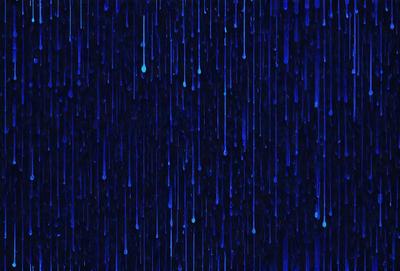The primary subject of the image is a rainy scene with a blue sky. The setting is a dark, rainy night with a blue background. The visual style is a digital art or illustration, creating a moody atmosphere. The dominant colors are blue and black, with the blue sky and raindrops adding to the overall mood of the image.