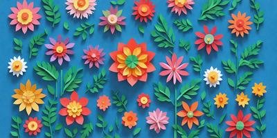 The primary subject of the image is a collection of colorful paper flowers, which are displayed on a blue background. The flowers are made from paper and are arranged in various shapes and sizes, creating a visually appealing and vibrant scene. The visual style of the image is a combination of digital art and illustration, as the paper flowers are skillfully crafted and placed on the blue surface. The colors and mood of the image are lively and cheerful, with the bright colors of the flowers and the blue background creating a