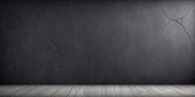 The primary subject of the image is a large, empty, and dark grey wall. The setting is a room with a wooden floor. The visual style is a photo, and the colors and mood are dark and moody.