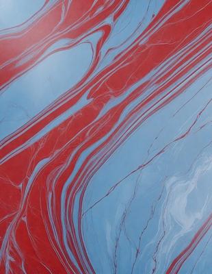 The primary subject of the image is a red and blue marbled surface, which appears to be a marble tile or a marbled wall. The setting is indoors, with the marbled surface being the main focus of the image. The visual style is a close-up of the marbled surface, showcasing its intricate patterns and colors. The dominant colors are red and blue, creating a striking and visually appealing scene.