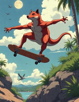 The primary subject of the image is a cartoon-like red kangaroo riding a skateboard. The setting is a lush green hillside with a cloudy sky in the background. The visual style is a digital art or illustration, giving the image a vibrant and playful atmosphere. The dominant colors are red, green, and blue, with the red kangaroo being the most prominent feature in the scene.