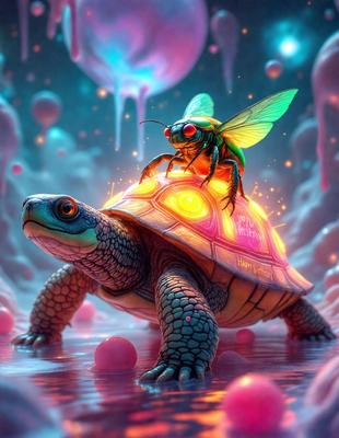 The primary subject of the image is a turtle with a green shell, riding on the back of a beetle. The setting is a colorful, surreal environment with a pink background and various pink and purple balls scattered throughout the scene. The visual style is a digital art or illustration, creating a whimsical and imaginative atmosphere. The dominant colors are pink and purple, giving the scene a playful and dreamy mood.