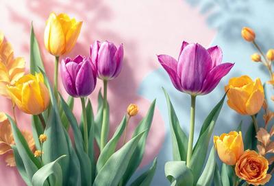 The primary subject of the image is a bouquet of colorful flowers, including yellow, pink, and purple tulips. The flowers are arranged in a vase, creating a visually appealing display. The setting is a pink and blue background, which adds a touch of elegance to the scene. The visual style of the image is a close-up of the flowers, showcasing their vibrant colors and intricate details. The overall atmosphere of the image is cheerful and lively, with the flowers