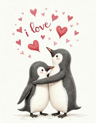 The image features two penguins standing close to each other, with one penguin on the left and the other on the right. They are both wearing hearts on their chests, which adds a playful and loving touch to the scene. The penguins are positioned in front of a white background, which provides a clean and simple backdrop for the image. The overall atmosphere of the image is warm, friendly, and heartwarming.