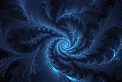 The primary subject of the image is a spiral pattern, which is a blue and white design. The setting is a blue background, and the visual style appears to be a digital art or illustration. The colors and mood of the image are predominantly blue and white, creating a calm and serene atmosphere.