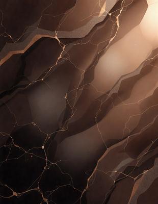 The primary subject of the image is a close-up of a marble wall with a pattern of lines and shapes. The setting is a dark room, and the visual style appears to be a combination of a photo and digital art. The dominant colors are brown and black, creating a moody atmosphere.